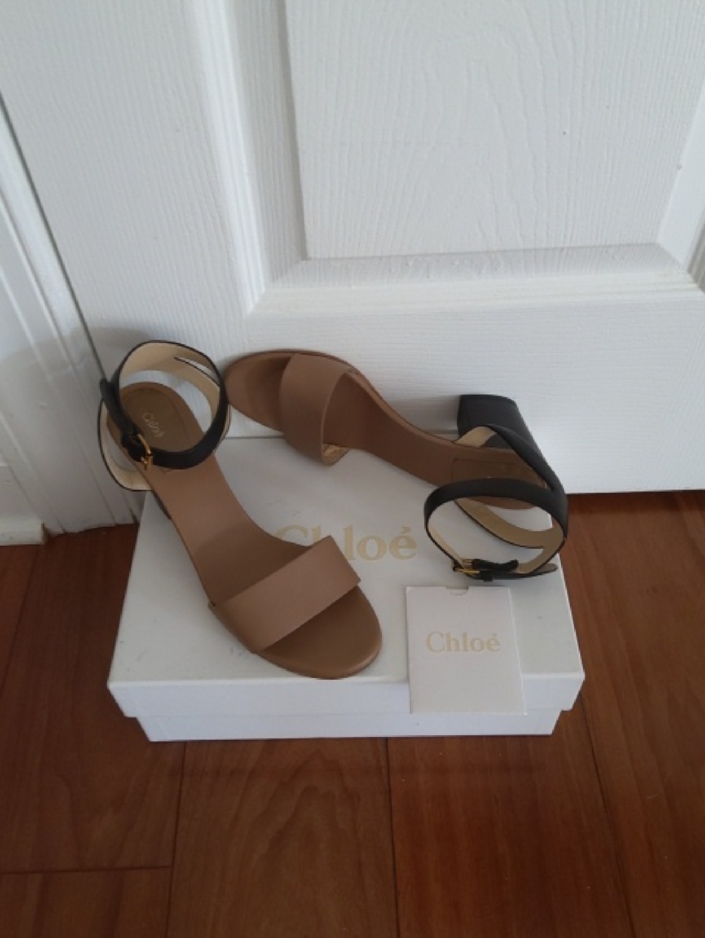 CHLOE Open Toe Taupe & Black Heeled Shoes